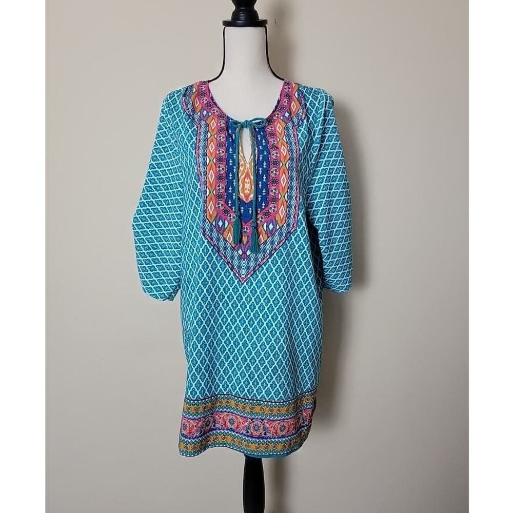 NLW  L Tunic Dress Shift Cover Up Tassel Tie Side Slits 3/4 Ruched Sleeves Boho